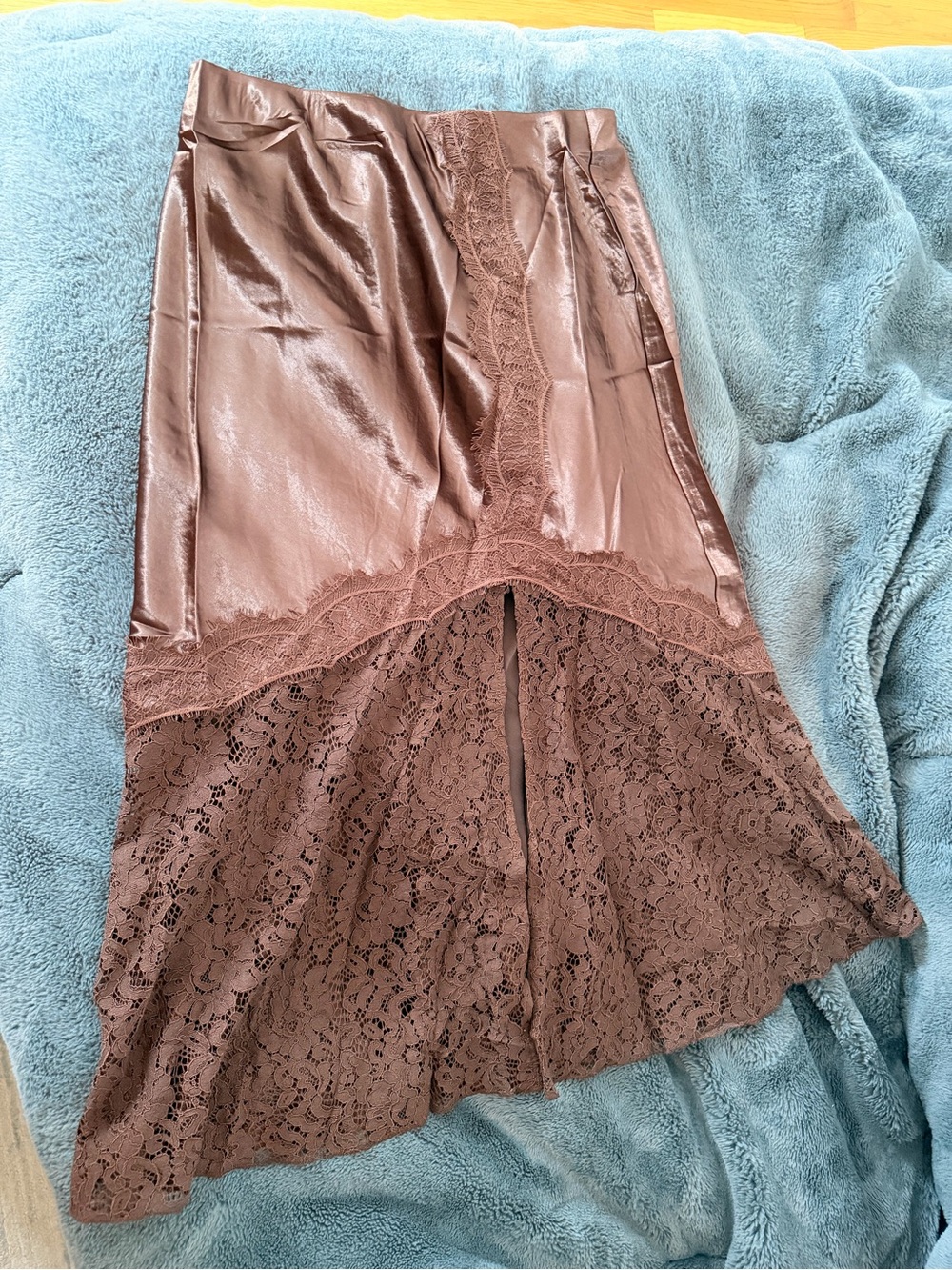 NWT Chocolate Brown satin Lace-Trim Midi Skirt - Elegant Women’s Skirt
